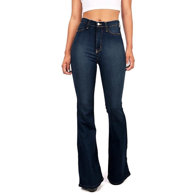 XZNGL Womens High Waist Pocket Wide Leg Jeans Flared Skinny Button Trousers