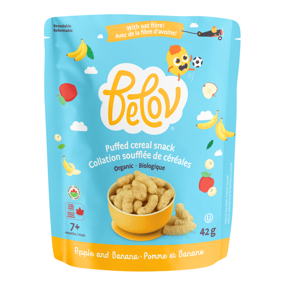 Belov Puffs Biologiques pour Bébé, Pomme et Banane, Collation à Base de Grains pour Bébés 7 Mois+, 42 Grammes