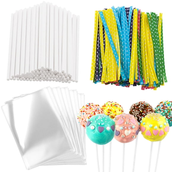 320 Pcs Lollipop Cake Pop DIY Supplies, Include 100 Pcs Cake Pop Bags, 100 Pcs Cake Pop Sticks, 120 Pcs Twist Ties, Cake Pop Treat Bag Set for Candies, Cookies, Chocolates