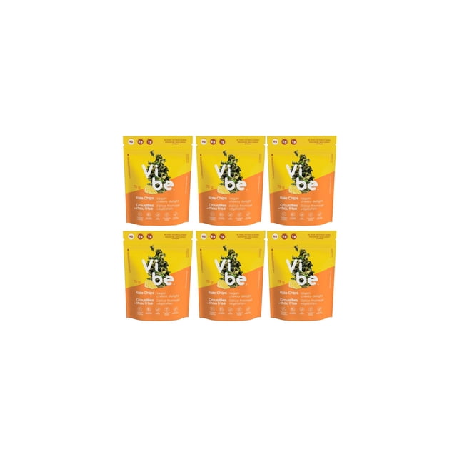 Vibe Kale Chips Vegan Cheesy Delight, six 75g resealable bags with vibrant yellow and orange packaging. The design highlights the brand name 'Vibe' and includes icons for gluten-free, nut-free, vegan, non-GMO, and no preservatives. These vegetable chips offer a cheddar-like, slightly spicy flavor, ideal for healthy snacking.