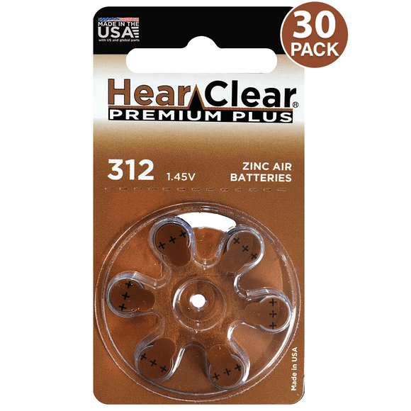HearClear Size 312 PR41 Hearing Aid Batteries Brown Tab (30 Batteries)