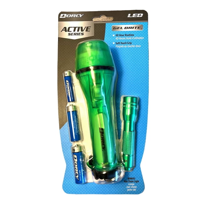 Dorcy Active Series Gel Brite LED Flashlight in green with 40-hour runtime, 50-meter beam, soft-touch grip, weather-resistant body, rubber push-button switch, and nylon lanyard, includes 2 AA batteries and a bonus green keychain light with 1 AAA battery, ideal for emergency preparedness and outdoor use.