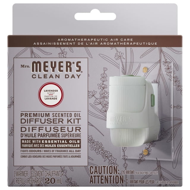 MMCD PISO Starter Kit Lavender with Mrs. Meyer's Clean Day premium scented oil diffuser kit, including a white plug-in warmer and 20 ml lavender essential oil refill, designed for aromatherapeutic air care and odor control in garden centre hydroponic grow kits, suitable for freshening indoor spaces.