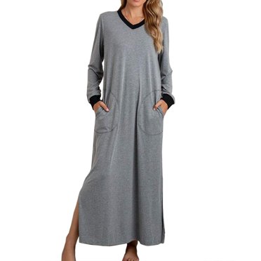 RKSTN Robes pour Femmes Manches Longues Automne Col en V Poches Fente Latérale Robe Maxi de Couleur Unie