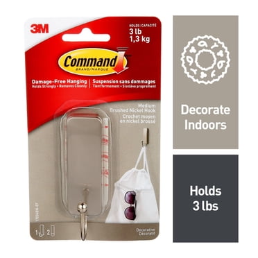 Command™ Hook, 17034BN-EF, brushed nickle, medium, 1 Hook, 2 Strip,