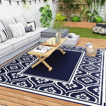 Outsunny Tapis d'Extérieur Réversible 8 Pieds x 10 Pieds, Bordure en Gourde, Bleu, Blanc