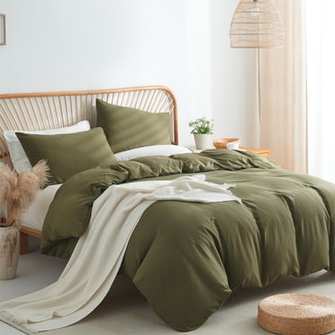 Nayoroom 3 Pieces Washed Cotton Ultra Soft Olive Green Duvet Cover All-Season Breathable and Organic Feel for Bedroom Decor,Queen Size