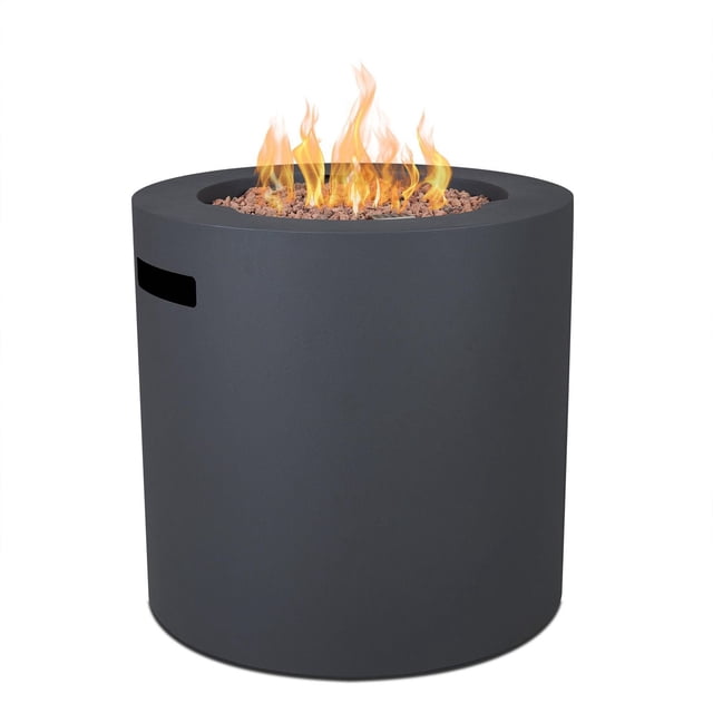 Aegean Table Ronde de 24 Pouces en Acier Propane Fire Pit avec Réservoir Dissimulé en Acier au Charbon Mat, Montrant un design Cylindrique compact avec des Flammes Réglables Brûlant sur des Roches de Lave, Convient aux patios Extérieurs et au Chauffage avec Rangement Dissimulé dans le Réservoir de Propane.