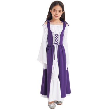 iefiel Girls Halloween Retro Gown Renaissance Faire Dress Long Flare Sleeve Lace Up Maxi Princess Dress Purple 12