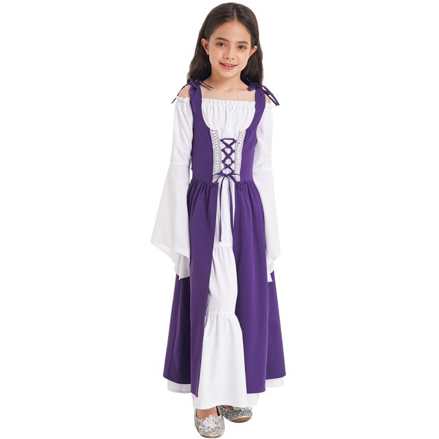 iefiel Robe Rétro d'Halloween pour Filles Robe de Renaissance Longue Manches Évasées Lacée Robe Maxi Princesse Violette 10