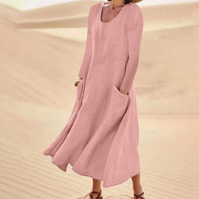 pstuiky Robes pour Jeunes Adultes, Mode pour Femmes Robe à Manches Longues Colorée en Coton et Lin à Col Rond avec Poches Robes d'Invitée de Mariage Liquidation