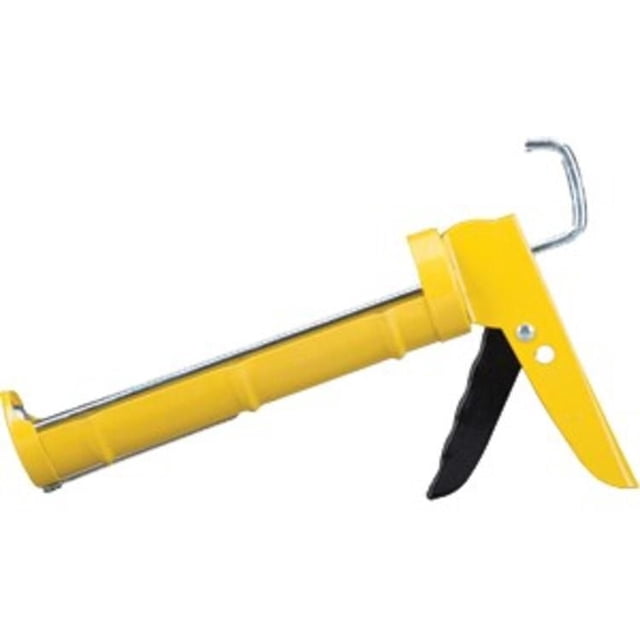 Dripless C150 10oz Cradle Round Rod Economy Caulk Gun in yellow with a black trigger, featuring a 2.25-inch cradle and round rod frame, designed for dispensing caulk and sealants in home improvement projects.