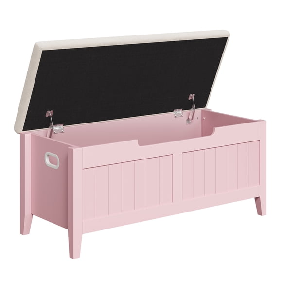 Wooden Storage Bench with Turnover-Top,Safety Hinges & Pink Padded Cushion–Large Shoe Bench for Entryway,Bedroom,or Living Room,Multi-Functional Chest,Easy Assembly–Pink+Pure White Cushion (100CM)