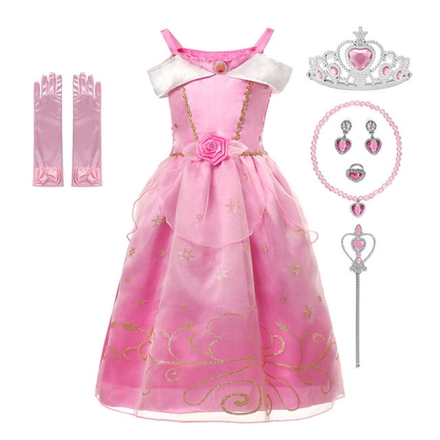 HAWEE Costume de Robe Aurore Princess de Luxe pour Filles, Parfait pour les Fêtes, l'Halloween et le Jeu de Rôle, avec Accessoires