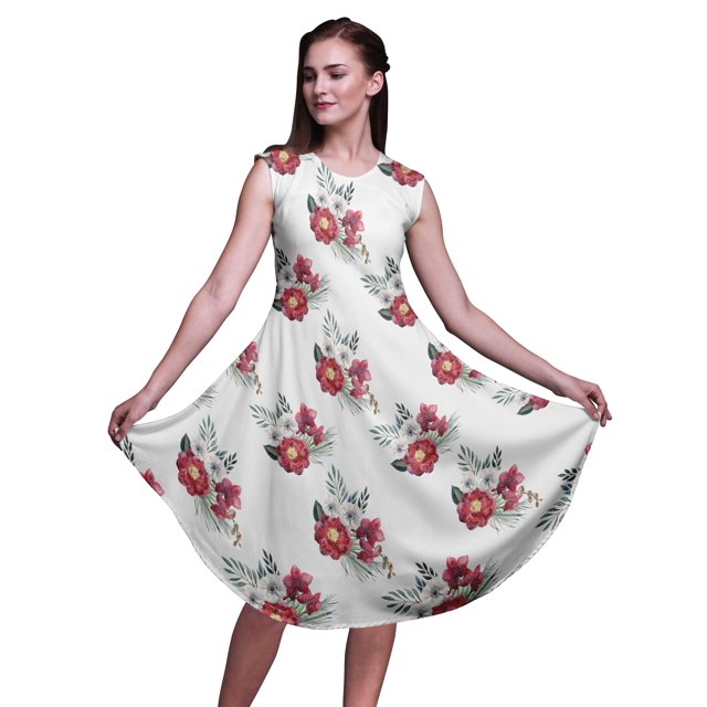 Bimba Robe Midi Évasée d'Été Décontractée Sans Manches à Imprimé Floral de Pivoine Blanche et d'Anémone pour Femme - Grand