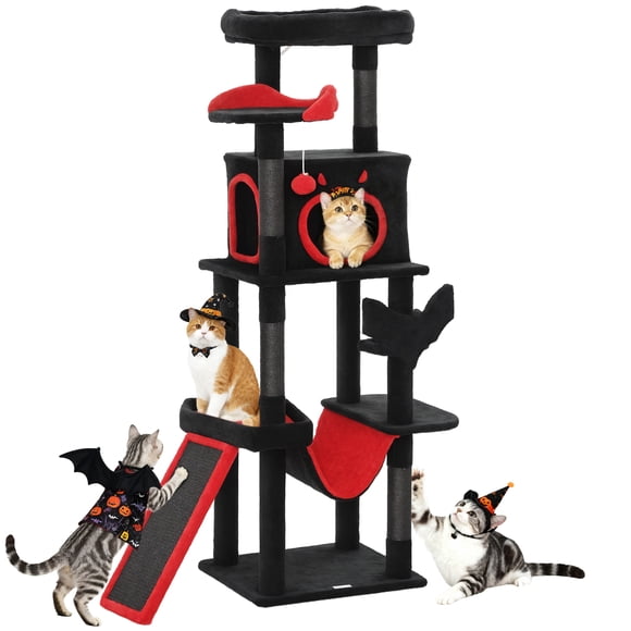 PawHut Arbre à Chat Gothique, Tour pour Chat de 60 Pouces de Hauteur avec Lit Cercueil, Noir