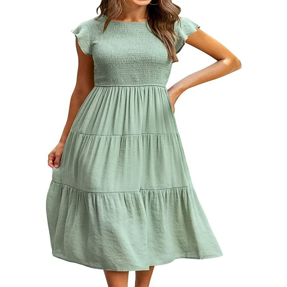 Robe Midi à Manches Courtes Volantées Froncée pour Femme, Été, Décontractée, à Volants, Ligne A, Orange, P