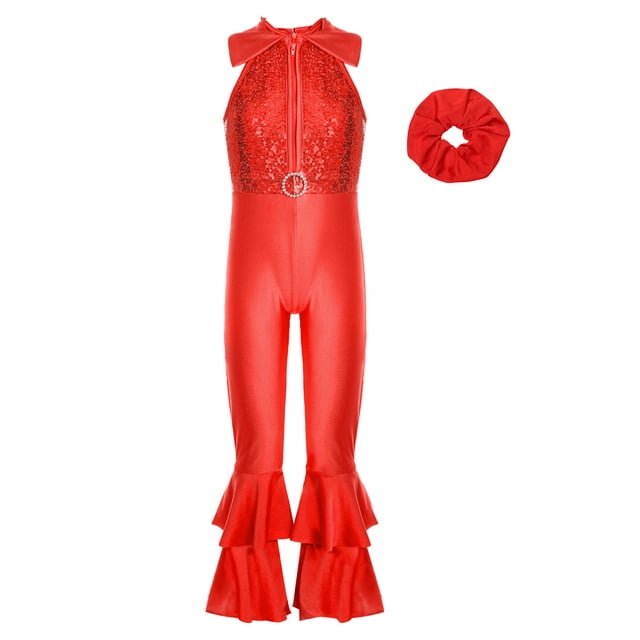 Lejafay Combinaison Sans Manches à Sequins pour Filles avec Couvre-Chef Jazz Disco Danse Body Performance Rouge 10