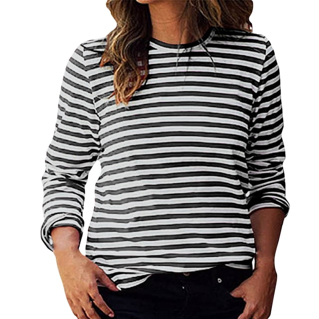Uootdi Chandails à Manches Longues pour Femmes Col Ras du Cou Détail à Rayures Coupe Décontractée Quotidien Décontracté Bureau Trajet Hauts Cadeau
