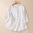 thumbnail image 2 of Timegard Hauts en Coton et Lin pour Femmes Manches 3/4 Col Rond Blouse Froncée Brodée Décontractée Ample, 2 of 7