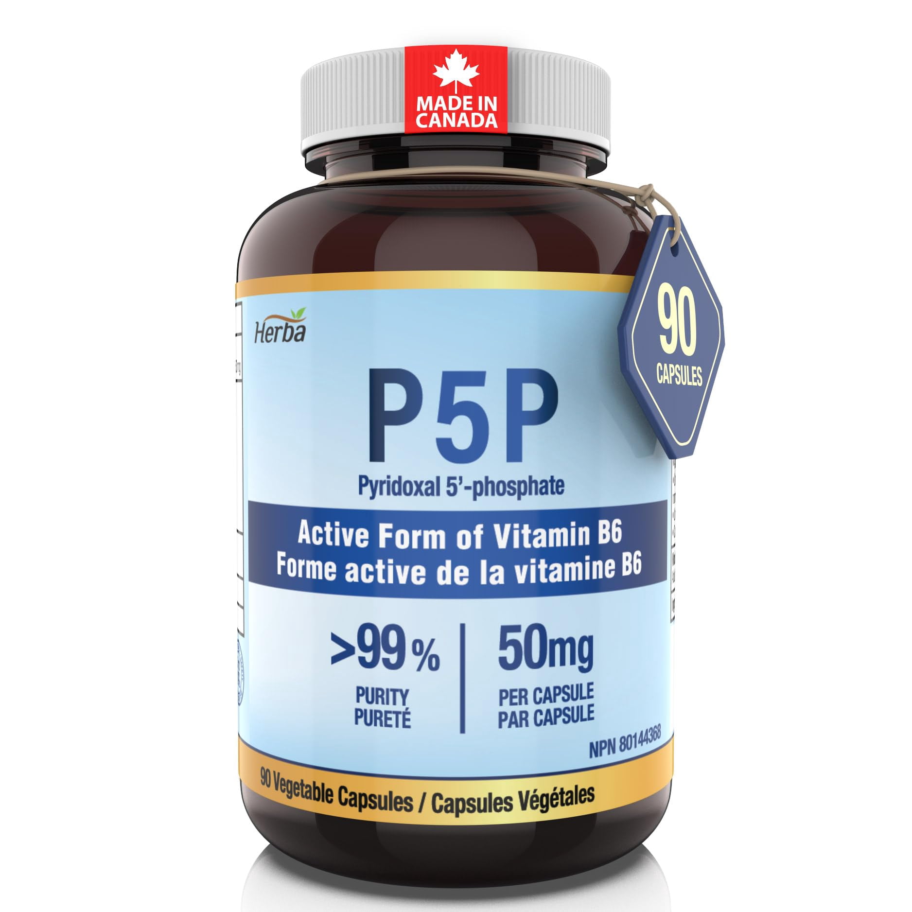 Herba P5P Vitamin B6 50mg – 90 Capsules | >99% Purity | Made in Canada