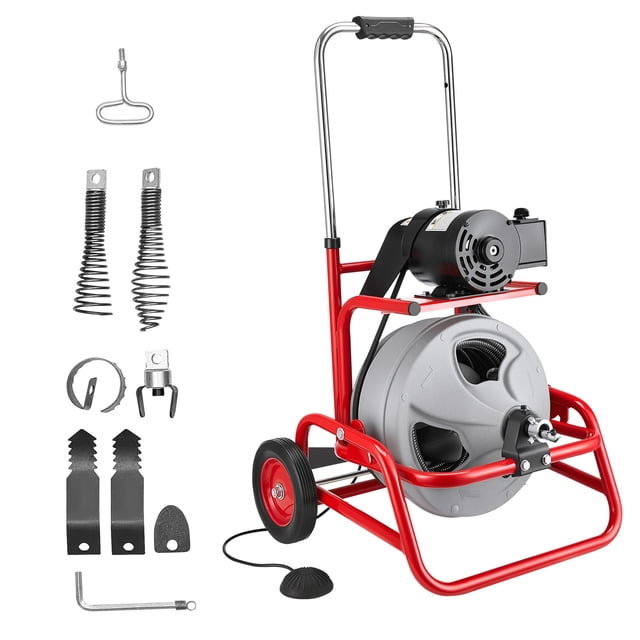 VEVOR Drain Cleaner Machine 75 FT x 1/2 Inch, Sewer Snake Auger on Wheels, Manual Feed Drain Cleaning Machine with Adjustable Drum Angle