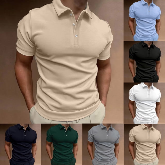Jovati Short Sleeve Turndown Collar Shirt for Men, Polyester Fabric, Solid Color, Pullover Style with Button Detail, Casual Fit, Spring Summer Wear