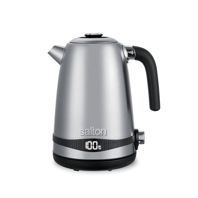 Salton Digital Temperature Control Kettle, 1.7L, JK2038, stainless steel electric kettle with brushed metal finish, black ergonomic handle, digital temperature display at 100°C, and 360° swivel base with temperature control dial, ideal for precise tea brewing and clutter-free countertop use.
