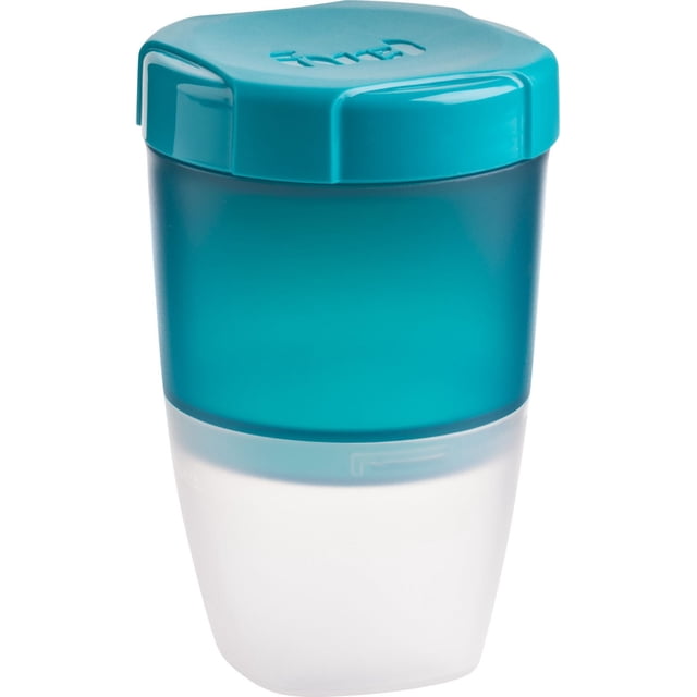 Trudeau Maison Fuel Yogurt And Granola Container with two graduated compartments in teal and frosted white, a teal leak-proof lid embossed with the Trudeau logo, and an included ice pack to keep yogurt cold, ideal for portion control and organized food storage.