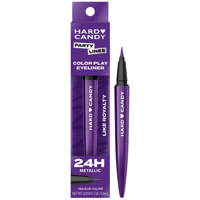 Hard Candy Color Liquid Eyeliner in metallic purple 'Like Royalty' with a fine-tip brush for precise, smudge-proof application, shown with its purple 'Party Lines Color Play Eyeliner' packaging featuring 24-hour wear and 0.014 fl oz (0.4 mL) volume.