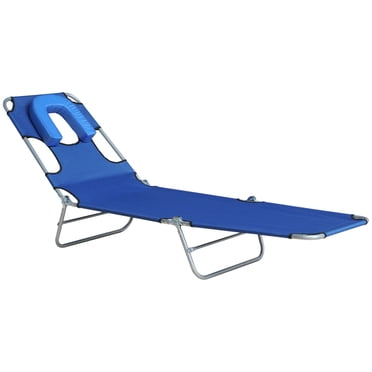 Outsunny Chaise Longue d'Extérieur, Chaise Longue Pliante Réglable avec Ouverture pour le Visage, Chaise de Bronzage Lit Bain de Soleil Inclinable, Bleu