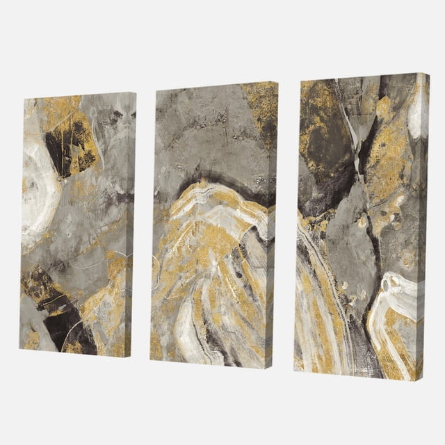 Designart Painted Gold Stone Canvas Wall Art triptych with abstract gold and grey stone patterns on premium cotton canvas, gallery-wrapped with design continuing on sides, arrives ready to hang and ideal for modern wall décor.