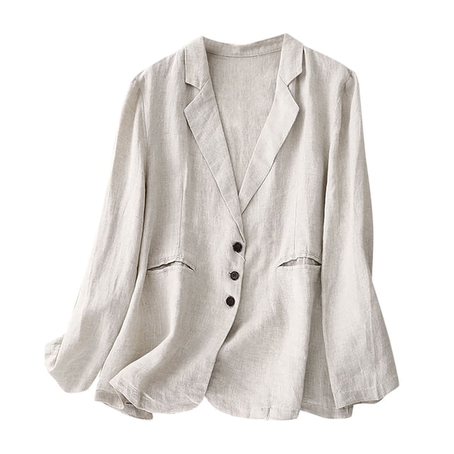Timegard Womens Suit Jacket Cotton Linen Stand Collar Button Long Sleeve Lightweight Fall Loose Coat