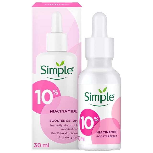 Simple Booster Serum 10% Niacinamide Provides Even Skin Tone & Hydration 30ml. The product includes a white dropper bottle with pink accents and a matching box. It features 10% niacinamide for even skin tone, is 88% naturally derived, 100% biodegradable, and free from artificial perfume, added color, alcohol, and parabens.