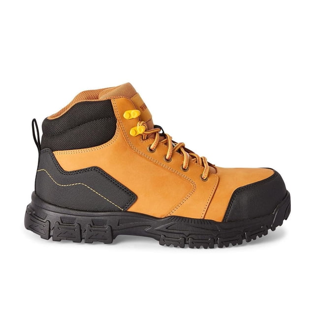 Workload Men's Trooper Shoes in tan and black, side view of a men's work boot with leather, faux leather, and polyester upper, black rubber outsole with deep tread, round toe, lace-up closure with yellow hooks, padded collar, and pull loop for easy on and off.