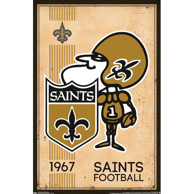 Affiche Murale de football des New Orleans Saints de style vintage Mettant en Vedette un Joueur de Dessin Animé Portant un Casque Doré avec le logo Fleur de Lys et un Chandail Numéro 1, à Côté d'Un Emblème de Bouclier avec « Saints » et une Fleur de Lys Noire sur Or, Datée de 1967, sur un Fond beige Texturé avec des Rayures Dorées Verticales.