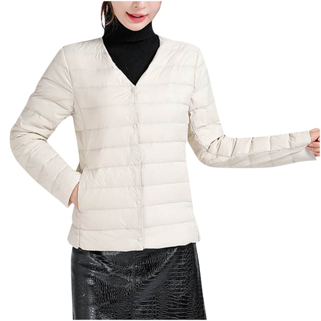 Cameland Women's Solid Color Lightweight Down Jacket V-neck Short Jacket Long Sleeved Cotton Jacket