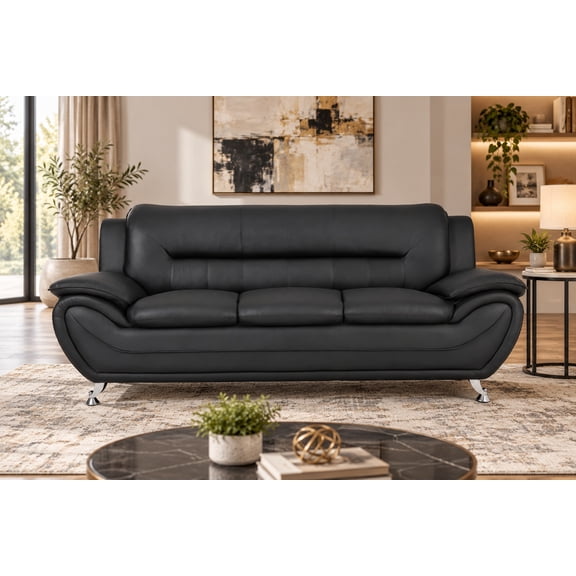 K-Living Modern Black Leathaire Upholstered Living Room sofa with Padded Backrest, Cushioned Seat and Metal Legs