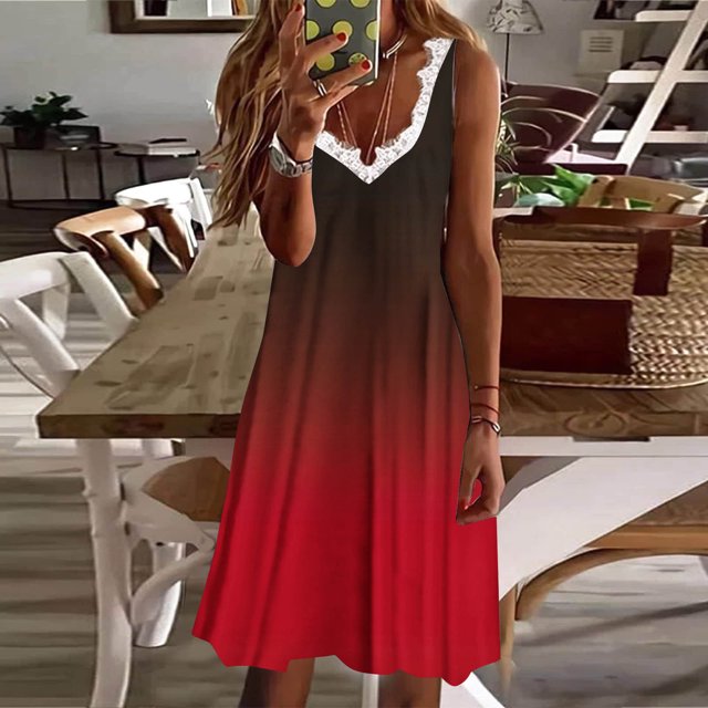 SMihono Robes d'Été Bohémiennes Femmes Grande Taille Mode Femmes Décontracté Sexy Col en V Imprimé Été Dentelle Sans Manches Mini Robe