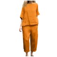 thumbnail image 1 of Timegard Ensemble 2 Pcs Grande Taille pour Femmes Manches 1/2 Col Rond Hauts Décontractés Amples Pantalons Raccourcis avec Poches Ensembles, 1 of 7