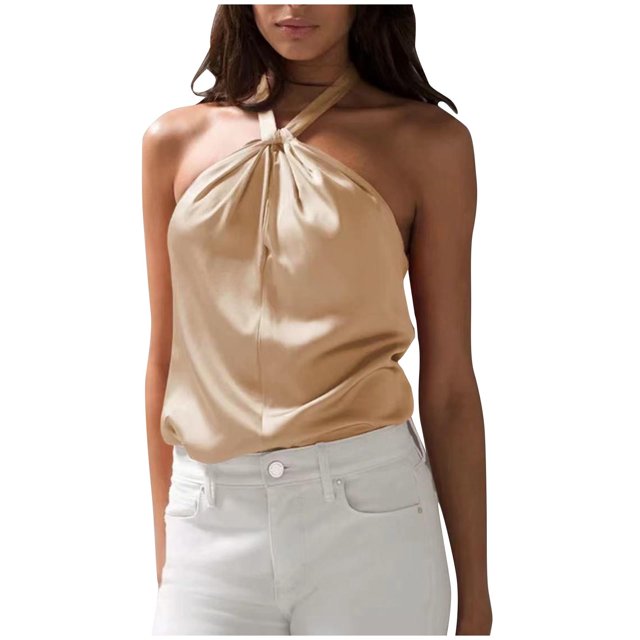 Timegard Womens Tank Tops Satin Keyhole Neck Tie Backless Sleeveless Solid Color Layer Dressy Casual Tops