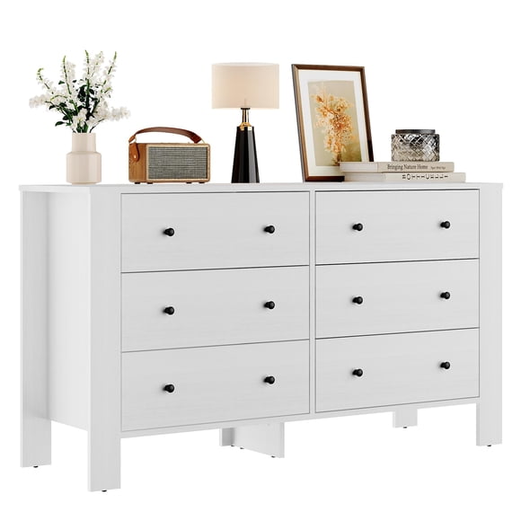 BeesClover Commode Moderne à 6 Tiroirs, Haute Commode de Rangement à Grain de Bois Blanche avec Grands Tiroirs, Dessus Grand, Contemporain pour Chambre, Salle à Manger, Couloir