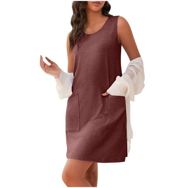 Ovzne Robes pour Femmes Robe de Plage Mode pour Femmes Robe Décontractée Unie Robe à Poches Robe Débardeur Robe Longue Robe Grande Taille Liquidation