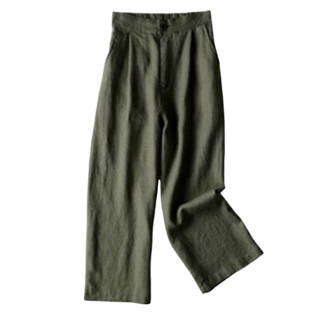Timegard Women's Cotton Linen Pants with elastic waistband, ruched wide-leg design, and 7/8 length. Features a relaxed fit with pockets, crafted from breathable and lightweight fabric in an olive green shade. Perfect for casual outings, lounging, or spring and summer wear.
