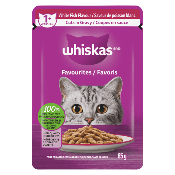 WHISKAS Favourites Adult Wet Cat Food Cuts in Gravy White Fish Flavour 85g Pouch