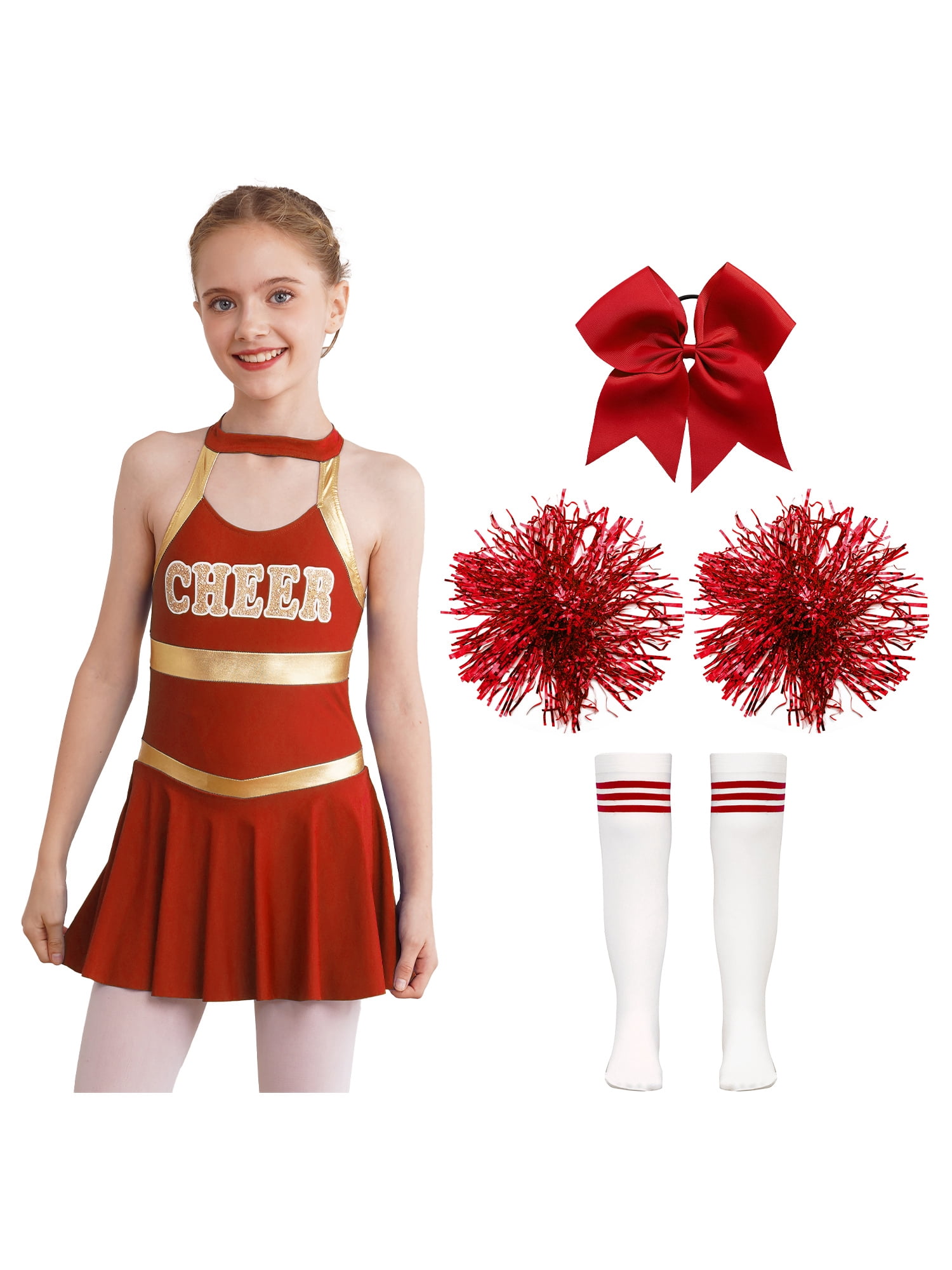 Runhomal Costume de Pom-Pom Girl pour Filles Enfants Halloween Carnaval Uniforme de Cheerleading Robe de Danse Sans Manches avec Pompons A Rouge 16