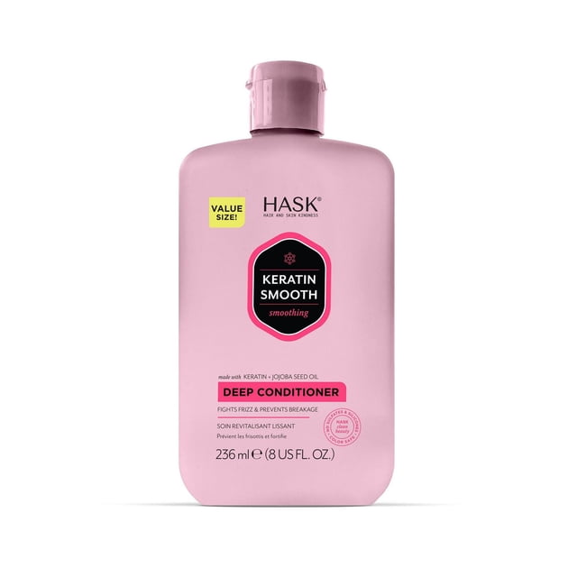 Keratin Smooth Bouteille Revitalisante Profon Lissante par Hask, une Bouteille en Plastique Rose de 236 ml (8 US fl. oz.) avec Bouchon à Rabat, Infusée de Kératine et d'Huile de Graines de jojoba pour Combattre les Frisottis, Prévenir les Casses et Lisser les Cheveux Abîmés Ou Colorés pour des Brins Hydratés et Doux.
