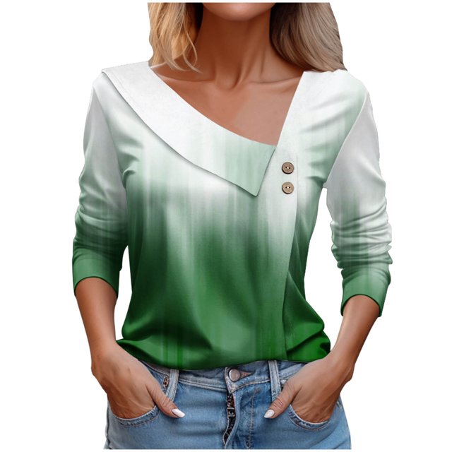 FAIWAD Long Sleeve V Neck Tops for Women Lapel Button Down Color Block Pullover Tunic Tops