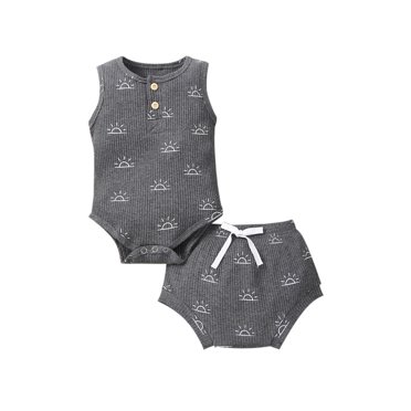Xingqing Vêtements d'Été pour Bébé Garçon Ensemble Barboteuse Sans Manches Haut Short Taille Élastique Tenues de Soleil Côtelées