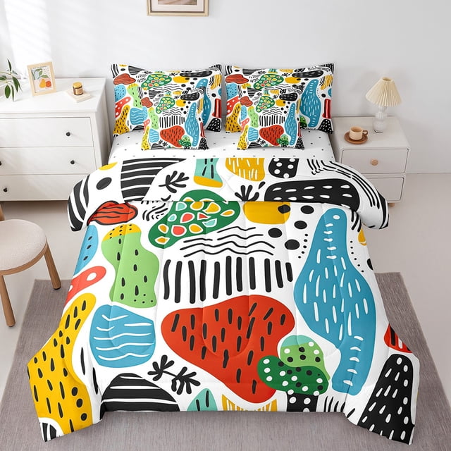 Abstract Graffiti Bed in a Bag King 7 Pieces,Hippie Doodle Ombre Comforter Set Reversible Rainbow Hand Drawn Design,Ultra Soft & Breathable Bedding Sets with Comforter,Sheets,Pillowcases & Shams